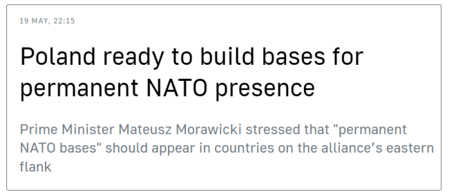 波兰称准备为北约建立永久军事基地，抨击俄罗斯为“恐怖分子”